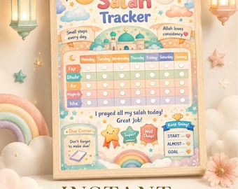 Calendario de oración infantil imprimible, tabla de oración islámica para niños, tabla de recompensas semanales de oración, registro diario de oración para niños musulmanes, descarga digital.