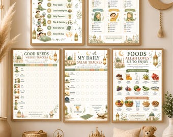 Islamic Salah Tracker for Kids, Muslim Kids Daily Routine, Good Deeds & Feelings Charts, Islamic Printable Poster Bundle