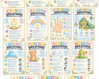 Spanish Educational Posters, Bilingual Breathing Posters for Kids, Calming Corner Classroom Decor, Coping Skills, School Counselor
