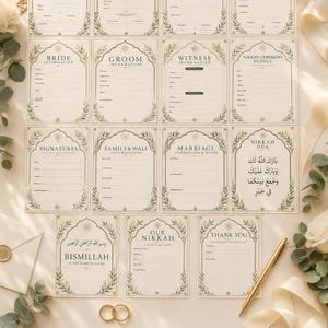 Puede incluir: Un paquete de 15 páginas de contrato Nikkah con papelería de color crema, texto en verde oscuro y bordes de hojas botánicas. Las páginas incluyen secciones para el contrato Nikkah, certificado, acuerdo matrimonial y detalles de Mahr.