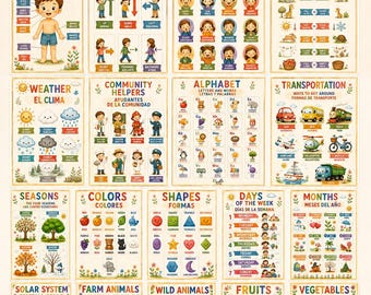 18 Bilingual Educational Posters, English Spanish Learning Posters, Preschool Classroom Decor, Homeschool Printables, Kids Wall Art