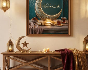Eid Mubarak Wall Art Printable | Islamic Crescent Moon Decor | Ramadan Lantern Poster | Muslim Home Decoration | Digital Download