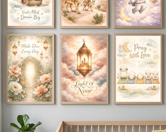 Islamische Wandbilder fürs Kinderzimmer (6er-Set) | Muslimische Babyzimmerdekoration | Bismillah & islamische Affirmationen | Wandbilder für Kinder (PDF zum Ausdrucken)