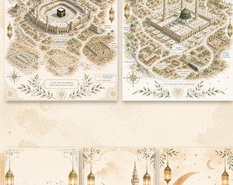 Makkah Madinah Map Print Set of 5 | Islamic Wall Art Printable | Kaaba & Masjid Nabawi Posters | Neutral Beige Muslim Home Decor