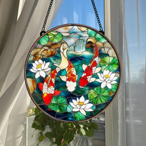 Koi Fish Stained Glass Suncatcher for Garden Window Decor, Japanese Inspired Art Panel, Gift for Mom Dad, Nature Spiritual Home Gift
