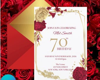May include: A birthday invitation with a red and gold color scheme. The invitation features floral accents and the text "Join us in celebrating Mel Smith's 70th Birthday" with the date and venue details. The background is a bed of red roses.