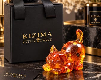Made in USA Golden Baltic Amber Cat Figurine, 6 cm Tall Warm Honey Sculpture, Shelf Decor, Birthday & Christmas Gift for a Cat Lover