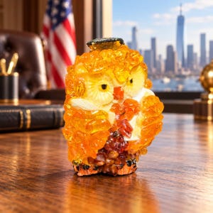 May include: A decorative owl figurine crafted from numerous small, polished amber-colored stones. The owl features a light-colored face with prominent eyes, a small beak, and a dark, flat circular cap resting on top of its head.