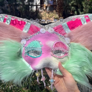 Pastel Bejeweled Therian Cat Mask: Pink and Mint Furry Feline Cosplay