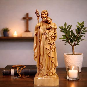 Saint Joseph Wooden Statue with Baby Jesus, Hand Carved Catholic Sculpture, Christian Gift for Dad, Wooden Home Altar Decor, Catholic Statue