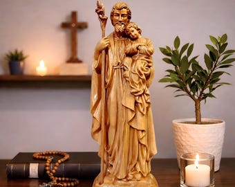 Statua di San Giuseppe con Gesù Bambino in legno intagliato a mano, statua cattolica regalo per papà, decorazione religiosa per altare domestico, statuetta di San Giuseppe