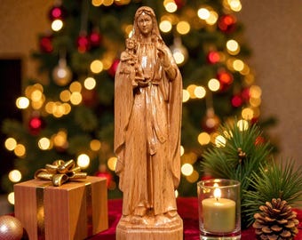 Madonna and Child Wooden Statue, Hand Carved Catholic Sculpture, Virgin Mary and Baby Jesus, Christian Gift, Religious Home Decor