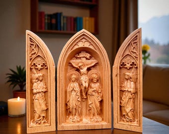Crucifixion Triptych Wooden Altar with Jesus on Cross Mary Joseph Angels, Hand Carved Catholic Christian Gift, Religious Home Altar Decor