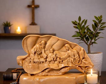 聖家族の葉の木製レリーフ – 手彫りのカトリック彫刻、聖母マリア、ヨセフ、イエス、宗教的な家の装飾、キリスト教の家族への贈り物