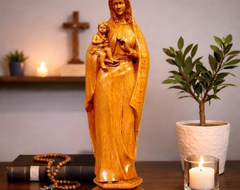 Virgin Mary Holding Baby Jesus Wooden Statue, Hand Carved Catholic Christian Gift for Mother, Religious Home Altar Decor, Madonna Figurine