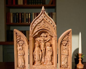 Crucifixion Triptych Wooden Altar with Jesus Cross Mary Joseph Angels, Hand Carved Catholic Folding Shrine, Religious Home Decor Gift