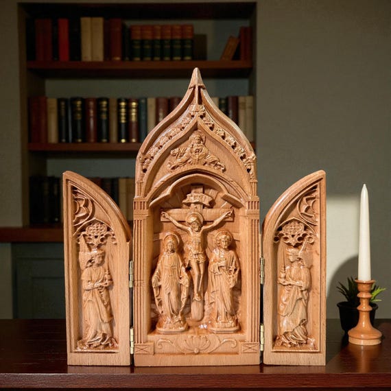 Crucifixion Triptych Wooden Altar with Jesus Cross Mary Joseph Angels, Hand Carved Catholic Folding Shrine, Religious Home Decor Gift