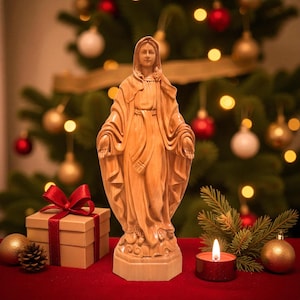 Our Lady of Grace Wooden Statue – Hand-Carved Virgin Mary Figurine, Catholic Gift, Christian Art, Religious Home Decor for Christmas, Easter