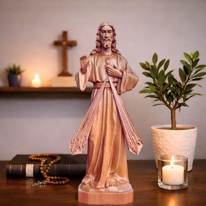 Divine Mercy Jesus Wooden Statue – Hand-Carved Catholic Sculpture, Jesus I Trust In You, Sacred Heart Rays, Religious Home Decor, Altar Gift