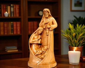Heilige familie kerststal houten standbeeld, handgesneden katholieke sculptuur, jesus mary joseph, christelijk cadeau, religieus interieur