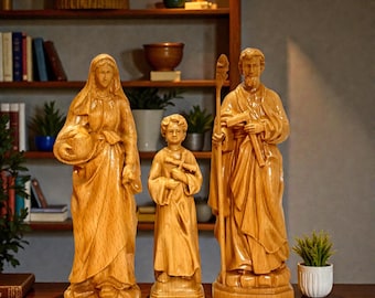 Heilige familie standbeeld set Jezus Maria Jozef, handgesneden houten katholieke sculptuur, christelijk cadeau, religieus huis altaar decor