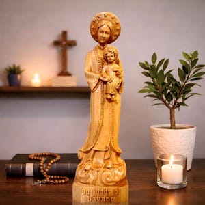 Our Lady of La Vang Wooden Statue, Hand Carved Catholic Sculpture, Virgin Mary and Child, Marian Devotion Gift, Religious Home Altar Decor