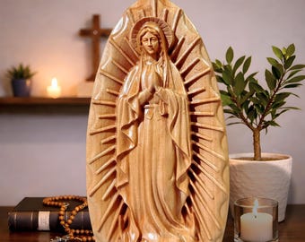 Our Lady of Guadalupe Statue, Virgin Mary Wood Carving, Catholic Wooden Sculpture, Hand Carved Religious Decor, Christian Gift