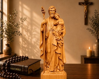 Statua in legno di San Giuseppe con Gesù Bambino, scultura cattolica intagliata a mano, regalo cristiano per papà, decorazione in legno per altare domestico, statua cattolica