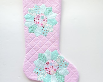 Christmas Stocking - Pink Hand Appliqued Quilted Christmas Stocking - Dresden plate - Quilted Christmas Stocking