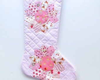 Christmas Stocking - Pink Hand Appliqued Quilted Christmas Stocking - Dresden plate - Quilted Christmas Stocking