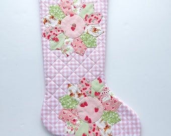 Christmas Stocking - Pink Hand Appliqued Quilted Christmas Stocking - Dresden plate - Quilted Christmas Stocking