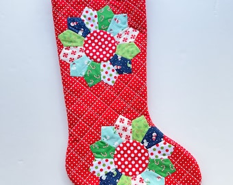 Christmas Stocking - Hand Appliqued Quilted Christmas Stocking - Dresden plate - Quilted Christmas Stocking