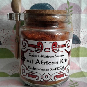 East African Rift Berbere spice glass jar with wooden scoop