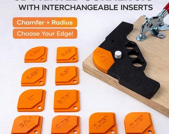 Plantilla de esquinas impresa en 3D con insertos de radio y chaflán intercambiables / Herramienta guía para carpintería / Acabado de bordes