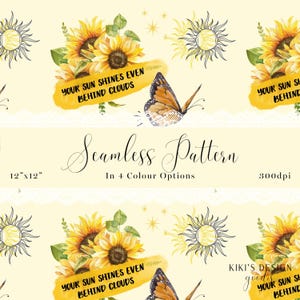 Butterfly & Sunflower Summery/Spring Seamless Pattern | Watercolor Digital Design | Positive Quotes | 12”x12”