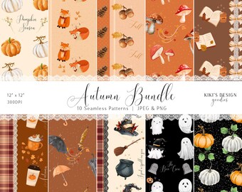 May include: An autumn-themed digital paper bundle featuring 10 seamless patterns. Designs include pumpkins, foxes, mushrooms, acorns, books, coffee cups, umbrellas, witch hats, ghosts, and the text "Autumn Bundle". The patterns are 12" x 12" at 300 DPI.