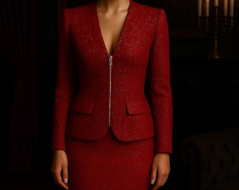 May include: A red two-piece suit with a textured fabric. The jacket has a V-neckline with a zipper closure and two front pockets. The skirt is knee-length. The suit is worn by a person in a dimly lit room.