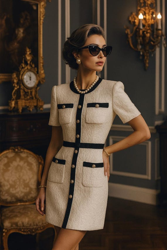 Elegant White Tweed Dress With Black Trim Short Sleeve Button Front Dress With Pockets - Etsy Ireland Elegant White Tweed Dress With Black Trim Short Sleeve Button Front Dress With Pockets - Etsy Ireland