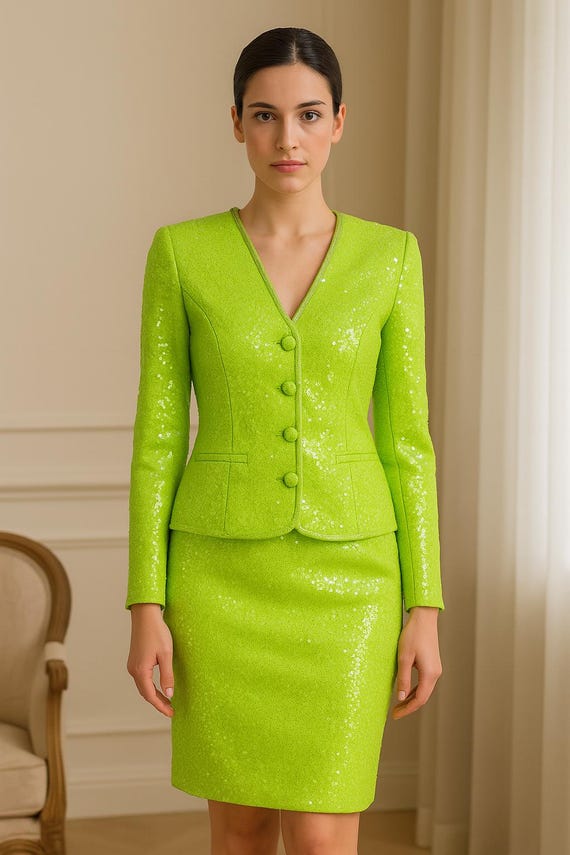 Lime Green Sequin Skirt Suit for Women  Elegant Formal Set With Fitted  Blazer & Pencil Skirt  Party, Wedding, Business - Etsy