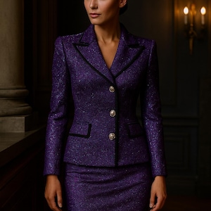 May include: A formal purple suit with a textured fabric. The suit includes a blazer with black trim and gold buttons, paired with a matching skirt. The outfit is designed for a professional or formal setting.