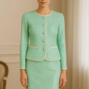 Elegant Tweed Skirt Suit with Decorative Trim – Classic Two-Piece Set for Women – Office Outfit or Special Occasion Ensemble