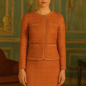 Burnt Orange Tweed Skirt Suit – Classic Tailored Two-Piece Set for Women