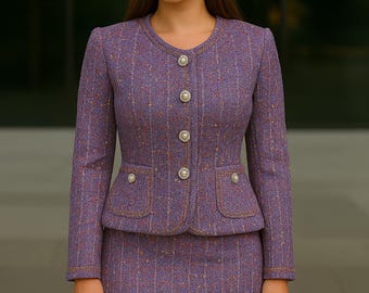 Lilac Tweed Skirt Suit for Women – Handmade Pastel Blazer and Skirt Set – Elegant Two-Piece Suit – Custom Women’s Tweed Outfit