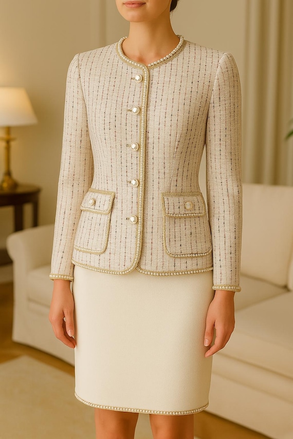 beige tweed dress set Demi Embellished Tweed Mini Dress And Jacket Set - Taupe