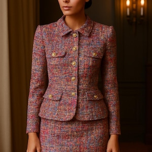 Puede incluir: Un traje de tweed multicolor con una chaqueta con cuello, botones dorados y bolsillos, combinada con una falda a juego. La tela del traje tiene un aspecto texturizado con tonos rojos, azules y amarillos.