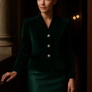 May include: A dark green velvet blazer with three pearl buttons and a matching skirt. The blazer has a shawl collar and two small pockets. The skirt has a subtle, sparkly pattern. The outfit is a formal ensemble.