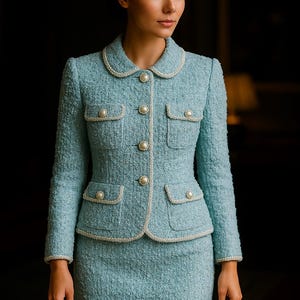 Op de afbeelding: Lichtblauwe tweed rokpak met parelmoer knopen en afwerking. De jas heeft vier zakken en een ronde kraag. De rok is knielang en het pak is gemaakt van een textuurstof. Een klassieke, elegante stijl.