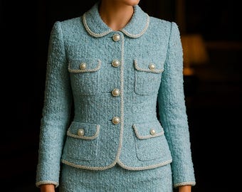 May include: A light blue tweed skirt suit. The jacket has a rounded collar, four pockets, and pearl-like buttons. White trim accents the collar, pockets, and jacket edges. The skirt is knee-length.