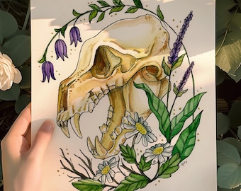 Florish - Watercolor Fine Art Print, Floral Bear Skull