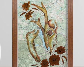 The Natural Path - Watercolor Fine Art Print, Pacific Northwest Map, Deer Skull